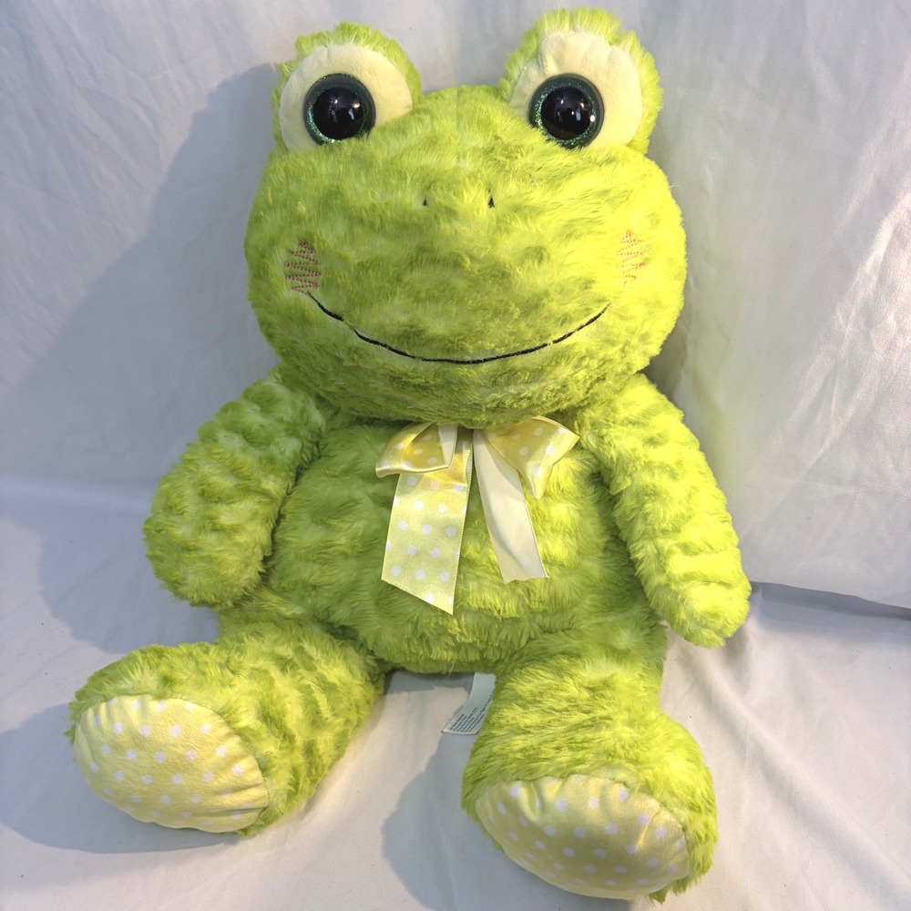 Hugfun Plush Frog Green Glitter Eyes Polka Dot Bow Stuffed Animal Large